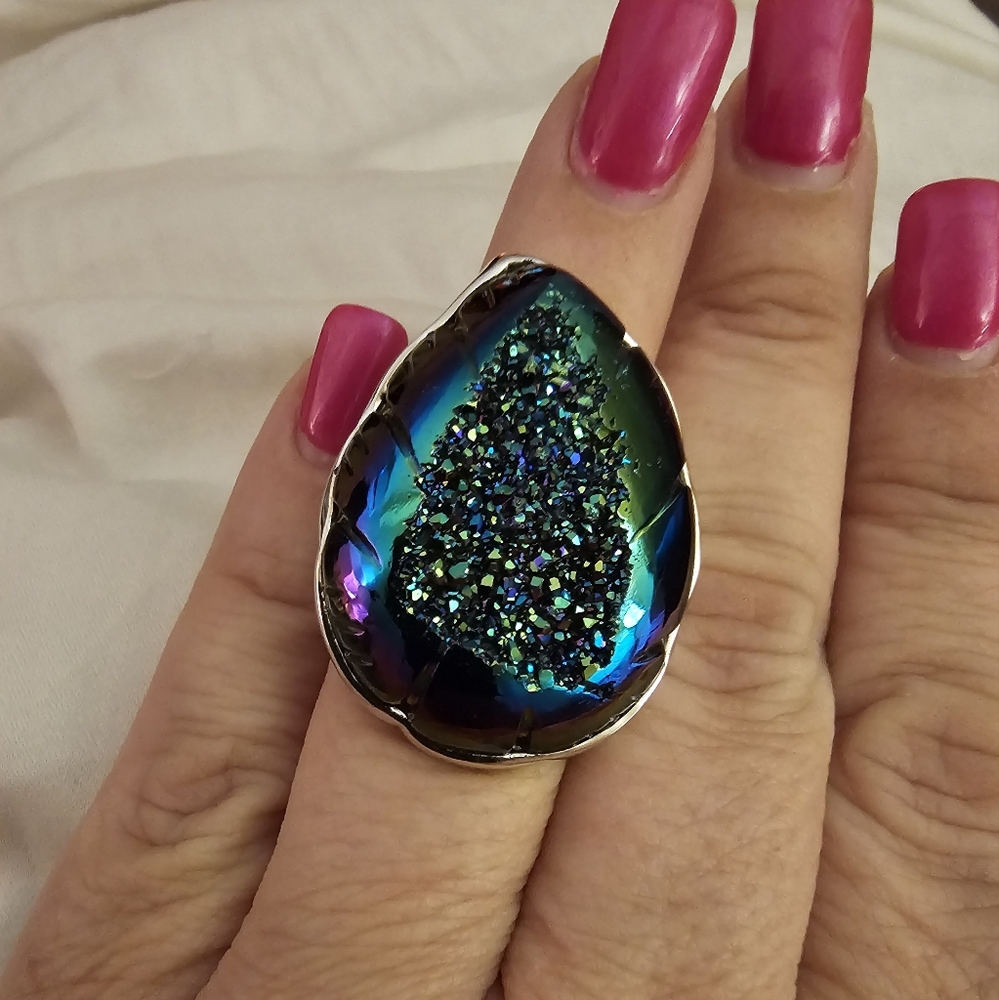 Sz 6, Window Drusy Forest, 925 Silver, 44.0 Carats, Platinum overlay, NWT